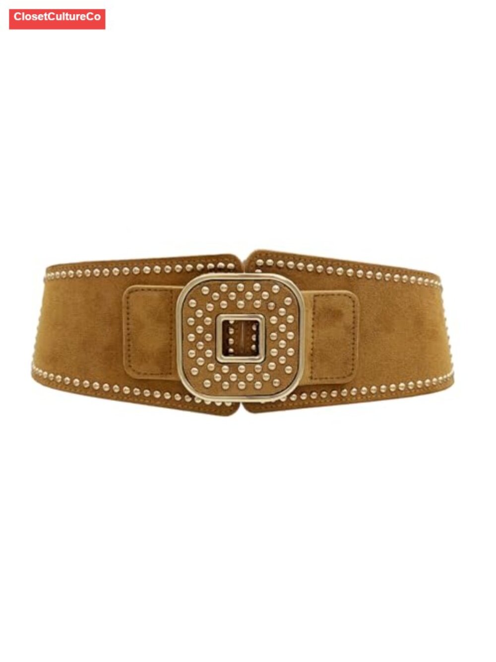 Women's Wide Elastic Waist Belt Rivet Studded Gold Buckle Cinch Belt